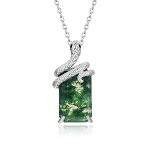 Luxury S925 silver snake necklace with green moss agate pendant on white background