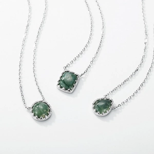 S925 silver necklaces with pear, round, and emerald cut green moss agate pendants