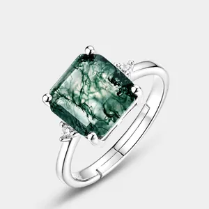 Vintage 925 Sterling Silver Natural Moss Agate Ring For Women Adjustable Square Green Gemstone Zirconia Inlaid Jewelry Gift