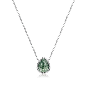 S925 sterling silver necklace with a teardrop moss agate pendant on a white background
