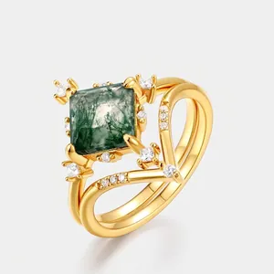 Bague Vintage en Argent Sterling 925 Agate Mousse pour Femme Plaquée Or Zirconia Empilable Anneau en V Bijoux en Pierre Naturelle Rétro