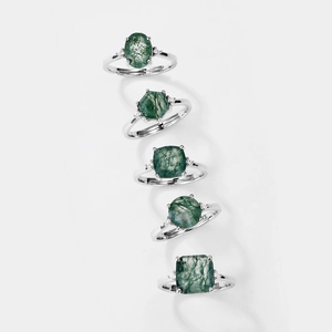 S925 silver rings set with natural moss agate in various geometric shapes and accents