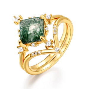 Bague en agate mousse taille coussin en argent S925 plaqué or avec pierres zircon