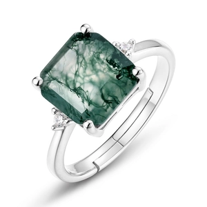 Square green moss agate S925 silver ring with side zircon and adjustable open band