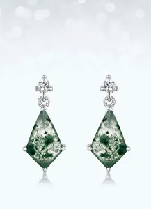 Macro shot of rhombus natural moss agate drop earrings with s925 silver and white zircons
