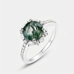 Anello in Argento Sterling 925 con Agata Muschiata per Donna Rotondo Pera Ovale Pietra Verde Naturale Strass Halo Gioielli Moda