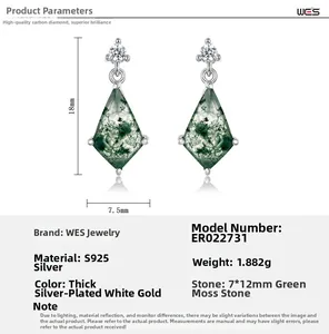 Detailed spec sheet for rhombus moss agate earrings with S925 silver dimensions