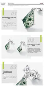 Detail view of S925 silver earring with kite-shaped green moss agate and round zircon
