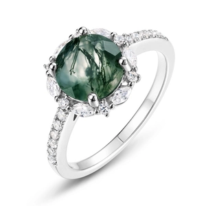 Anello in argento S925 con agata muschiata rotonda e alone floreale di zirconi