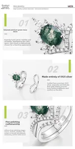Detail of S925 silver crown ring set with green moss agate and white zircon accents