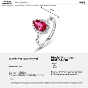Detailed specs of S925 silver ring featuring a 6x9mm pear-cut lab-grown ruby stone
