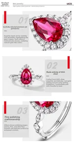 Close-up of S925 silver ring featuring a pear-cut ruby surrounded by white diamonds