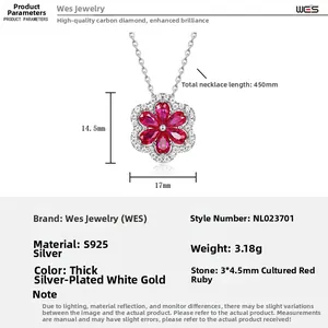 Dettagli della collana petalo in argento S925 con rubino e misure della catena 450mm