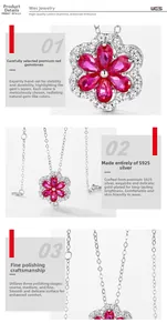 Dettaglio macro del ciondolo a fiore in argento S925 con rubini rossi e diamanti bianchi