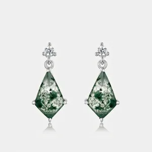 Elegant Kite Cut Moss Agate S925 Sterling Silver Drop Earrings Natural Stone Zirconia Inlaid Geometric Earrings For Women Jewelry