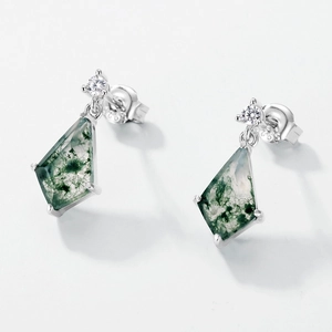 S925 silver kite-shaped moss agate earrings with natural green texture on white background