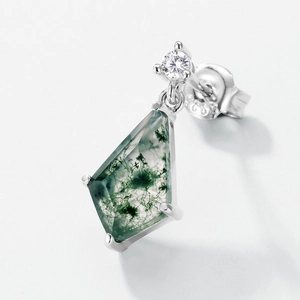 S925 sterling silver kite shaped moss agate stud earring with round zircon accent