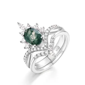 S925 Sterling Silver Natural Moss Agate Crown Rings Vintage White Gold Plated Zirconia Inlaid Luxury Jewelry For Women