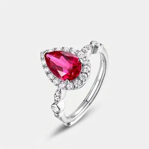 Vintage 925 Sterling Silver Pear Cut Lab Grown Ruby Emerald Ring For Women Adjustable Halo Rhinestone Zirconia Jewelry Gift