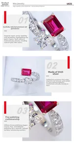 Detail of S925 silver ring with lab-grown ruby and handcrafted emerald cut gemstones