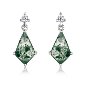 Kite-cut green moss agate earrings in S925 silver with sparkling round zircon accents