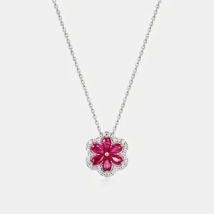 Elegante Collana Con Ciondolo A Fiore In Argento Sterling 925 E Rubino Creato In Laboratorio Placcato Oro Bianco Gioielli Donna
