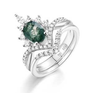 Crown S925 silver ring set with oval moss agate and marquise zirconia accents