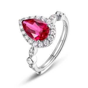 Elegant S925 sterling silver ring with pear-cut red ruby and halo diamond setting
