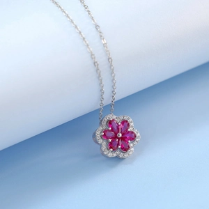 Collana a fiore in argento S925 con rubini sintetici rosa a goccia e zirconi brillanti