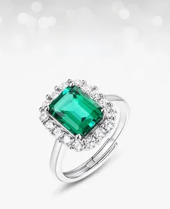 Detailed top view of an adjustable S925 silver ring featuring a halo emerald-cut gemstone