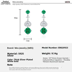Detail view of S925 silver emerald drop earrings with size 40x11mm specifications