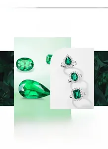 Macro detail of lab-grown emerald rings with pear, oval and emerald cut styles