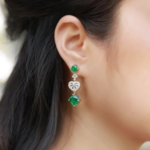 Elegant S925 silver earrings with green emerald square stones and hollow heart diamonds