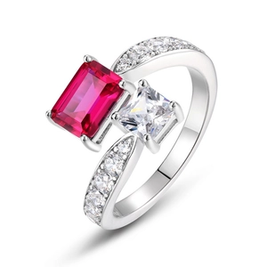 S925 silver ring featuring rectangle ruby gemstone and square diamond in a modern setting