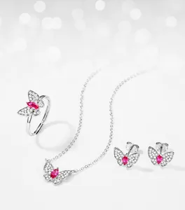Detailed set of butterfly jewelry with 925 silver and lab-grown ruby gemstones