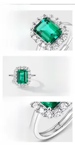 Macro detail of emerald-cut gemstone with halo setting on S925 silver ring band