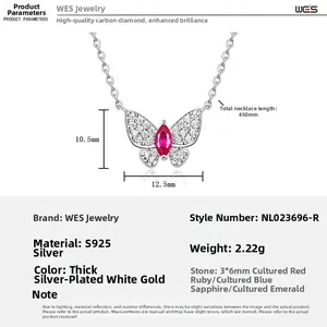Macro detail of S925 sterling silver butterfly necklace with lab ruby and sizing dimensions