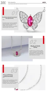 Macro detail of S925 silver butterfly pendant necklace with marquise ruby gemstone