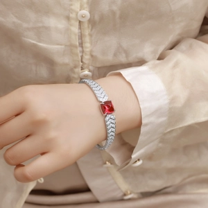 Luxurious S925 silver bracelet with square red ruby and V-shaped geometric diamonds