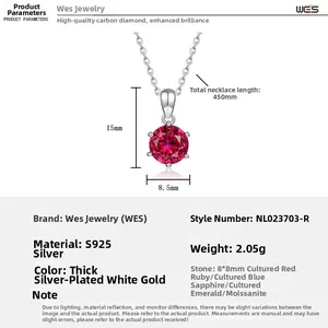 Detail view of 8x8mm lab-grown ruby pendant with 6-prong S925 silver setting and measurements