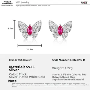 Macro view of S925 silver butterfly earrings with lab-grown ruby and diamonds