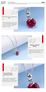 Macro detail of red lab-grown ruby pendant with 6-prong S925 silver setting