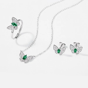 Exquisite silver butterfly jewelry set with marquise-cut green stones and micro-pave diamonds