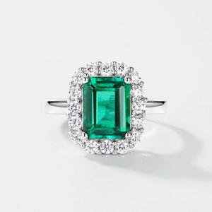 Vintage emerald cut green gemstone ring with halo diamonds on S925 silver band