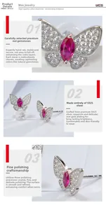 Macro detail of S925 silver butterfly earrings with lab-grown rubies and sparkling diamonds