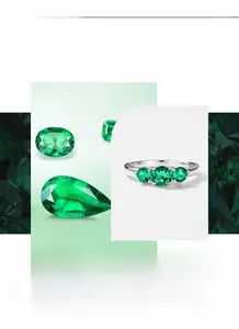 Macro detail of a classic three-stone S925 silver ring with round-cut emerald gemstones