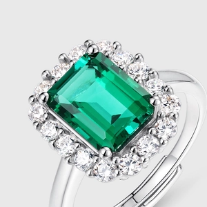 Vintage emerald cut lab-grown green gemstone ring with halo diamond setting in S925 silver