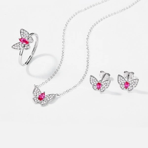S925 sterling silver butterfly jewelry set with red lab-grown ruby and white zircon