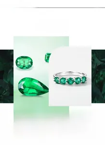Detail of five-stone emerald ring with S925 silver prong setting and round cut gems