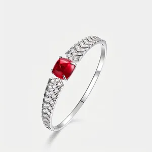 S925 Sterling Silver Bangle For Women Lab Grown Ruby Emerald Square Sugarloaf Cut Geometric V Shape Rhinestone Open Bracelet Jewelry